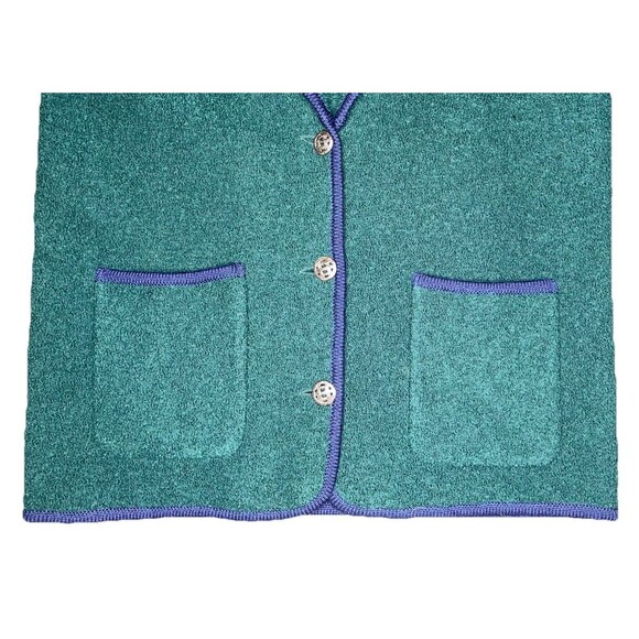 Vtg BellePointe Boiled Wool Cardigan Jacket XL Green Gold Buttons Navy Trim Prep - Picture 3 of 12
